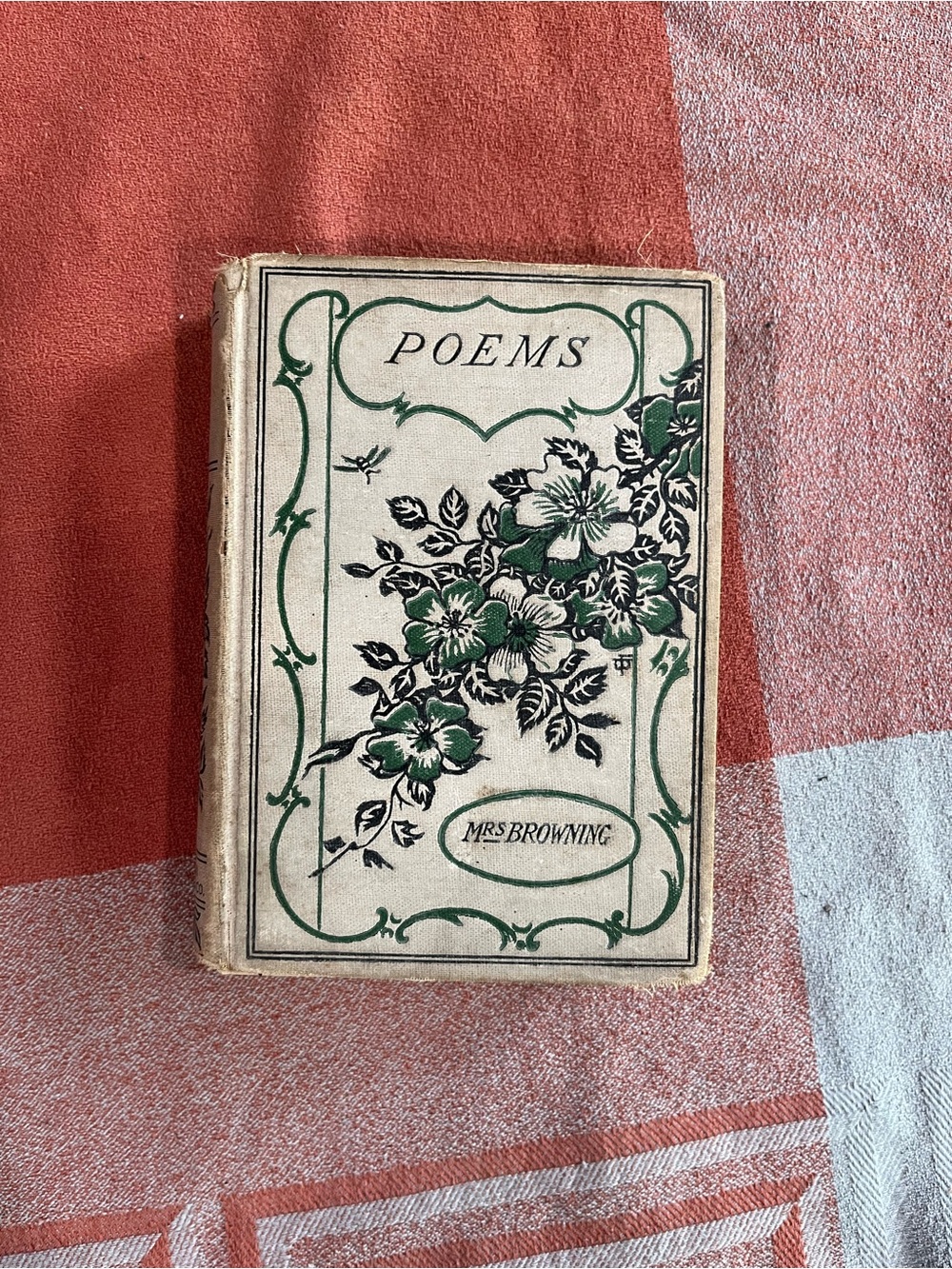 1892 - 1902 Poems by Mrs. Browning Vintage Floral Hardcover - Green & Cream